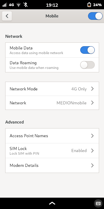 The cellular settings page
