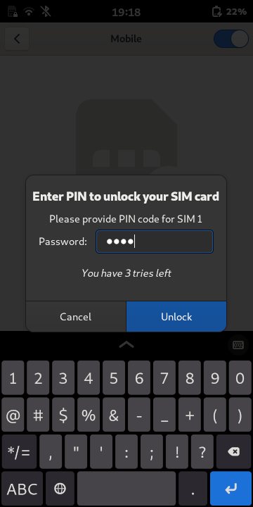 The SIM unlock page with the PIN code entered