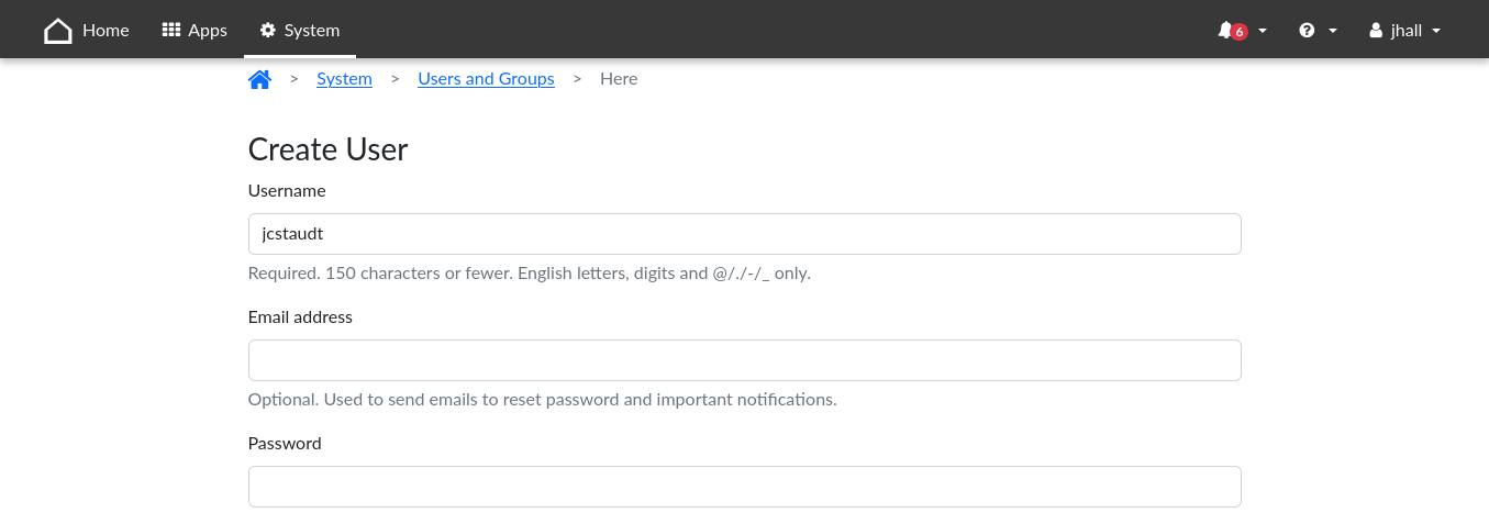 Administration interface: Create user