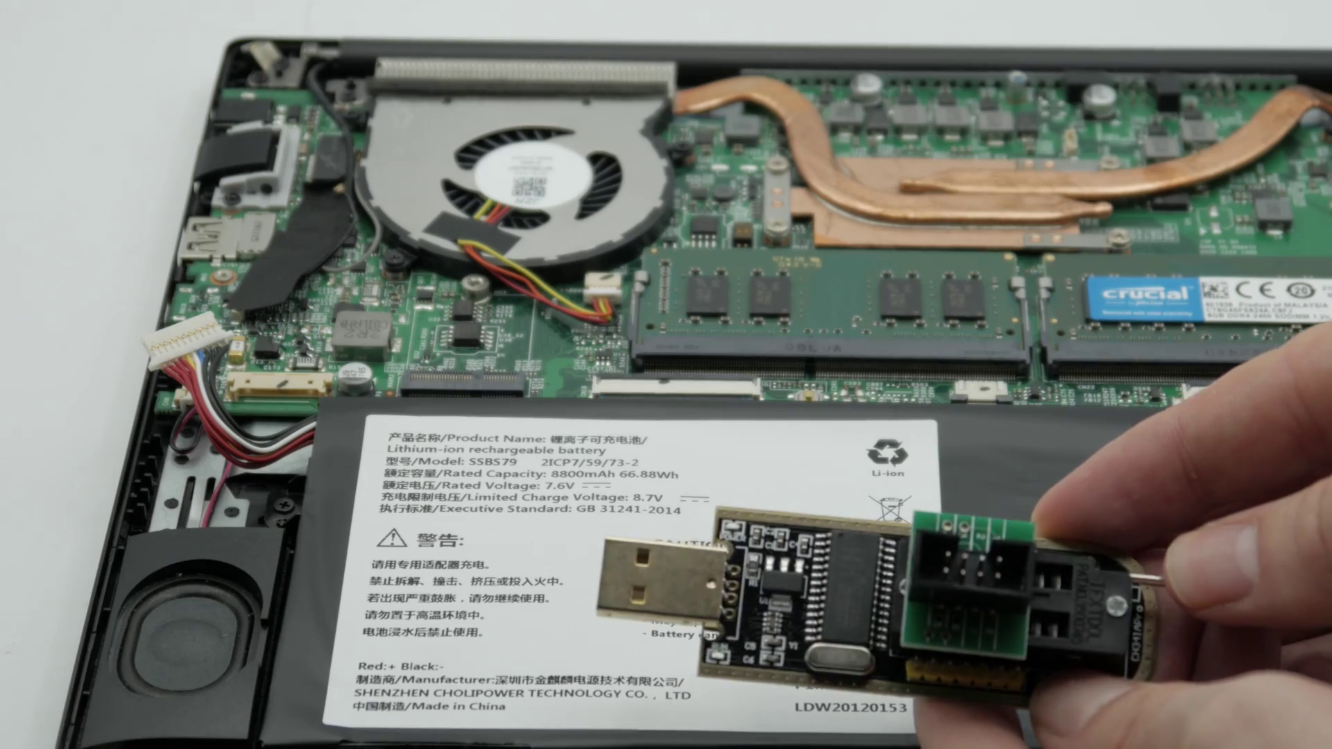 Librem 14 with CH341A programmer, no clip attachment