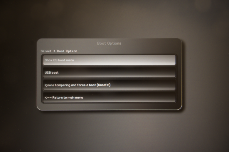 Screenshot of the PureBoot boot options menu
