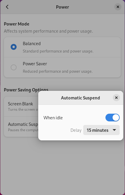 Settings "Power" menu, automatic suspend popup