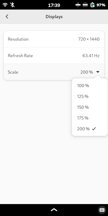 The Librem 5 display settings with the scale value dropdown menu opened