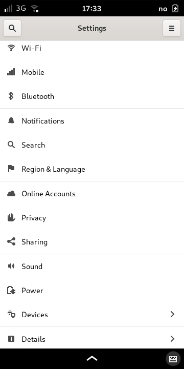 The Settings start page, giving access to different categories
